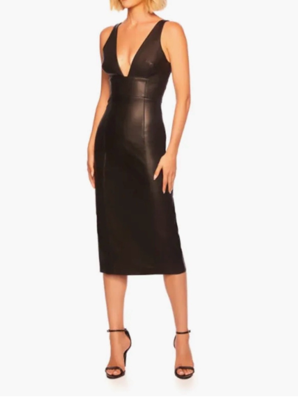 Susana Monaco Black Faux-Leather V-Neck Midi Dress
